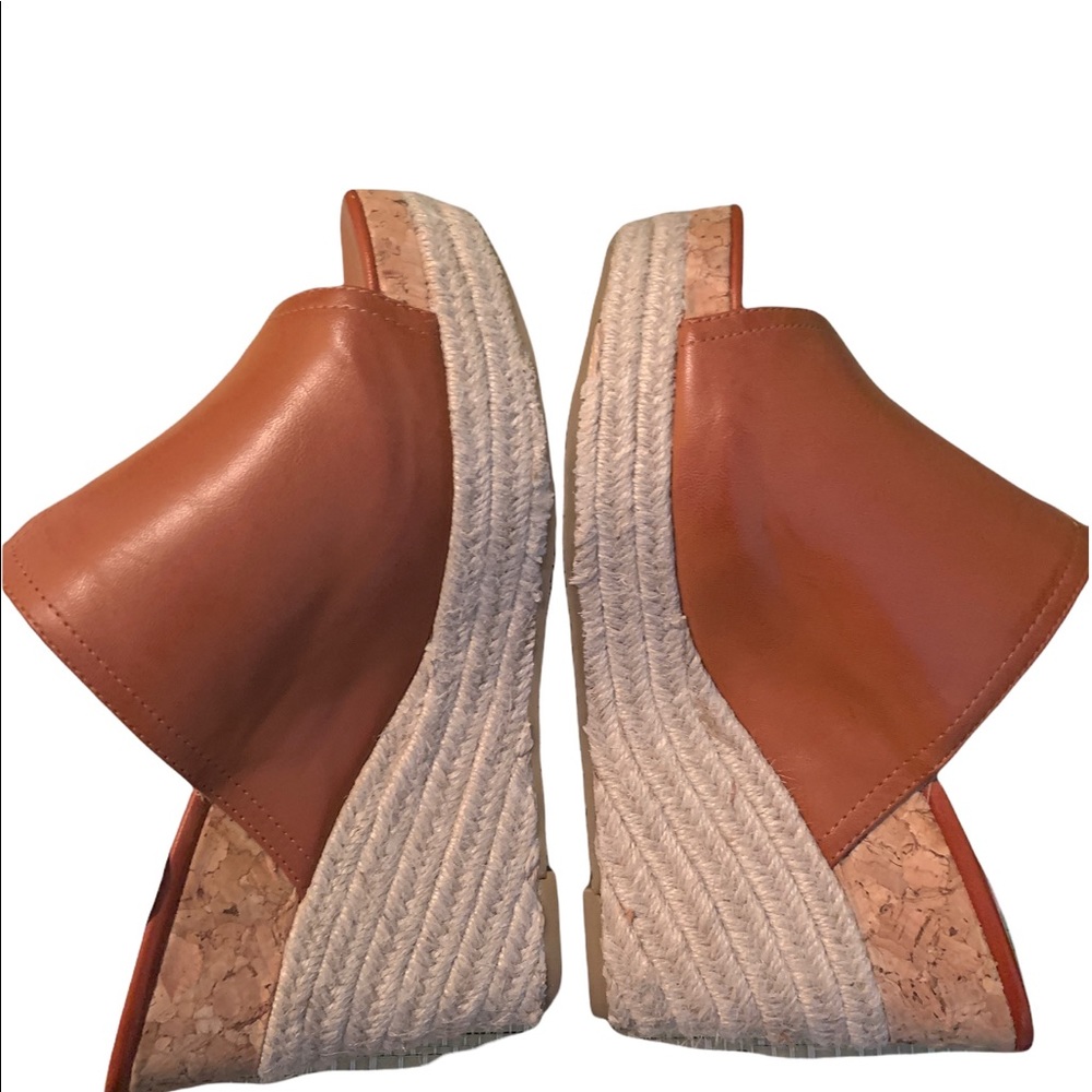 New High Wedge open toe.  Warm reddish brown faux leather upper with beige heel